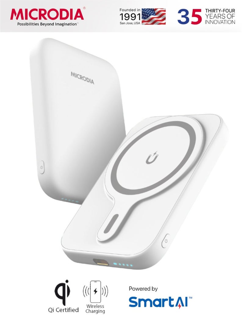 MICRODIA SNAPPower Anchor 5000mAh Wireless Power Bank, 35W PD USB-C Megantic Portable Charger, MagSafe Wireless Charger for iPhone 16/15/14/13/12 Series, Samsung S25 Ultra – White - Image 1